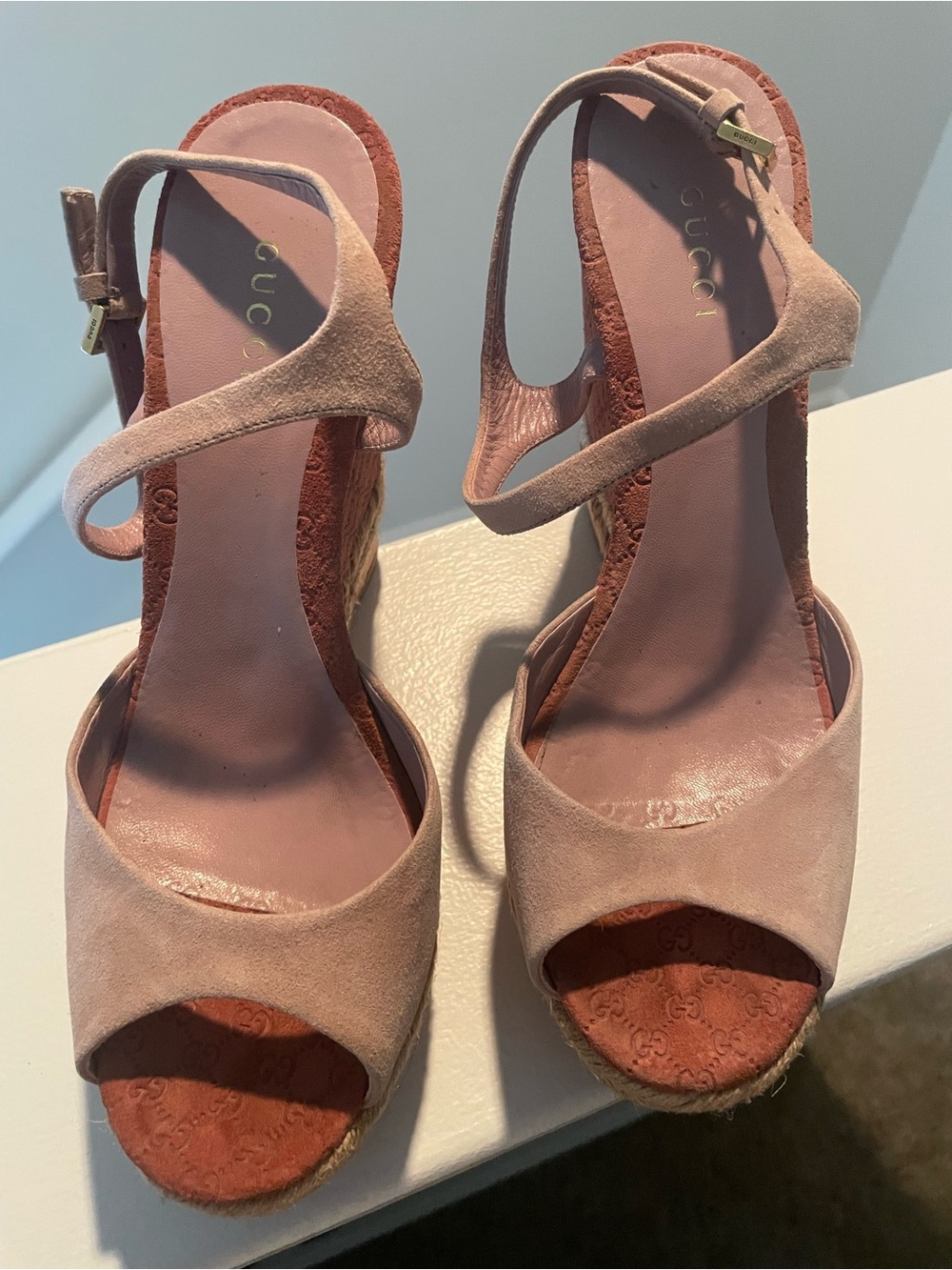Gucci Blush Pink Suede Wedge Sandals with Ankle Strap